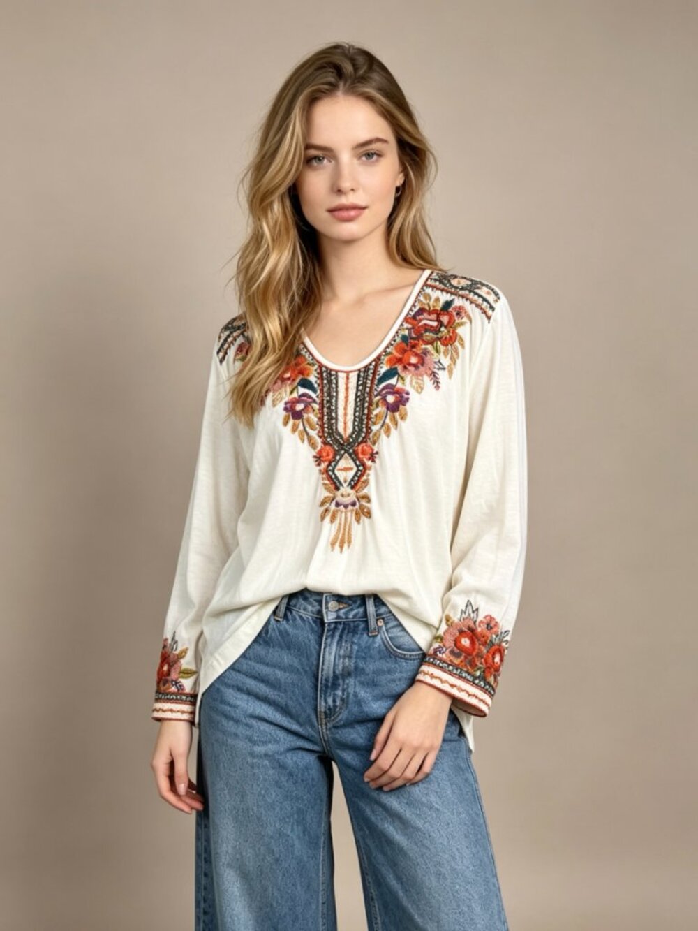 NWOT Johnny Was Embroidered Floral 3/4 Sleeves Tee T-Shirt Size M White